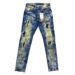 Copper Rivet Slim-Tapered Men's Patched Distressed Paint Splash Jeans Sz 30x30